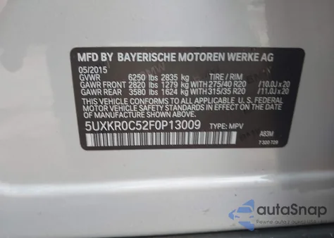 2015 BMW X5 xDrive35I z USA, uszkodzony, nr VIN 5UXKR0C52F0P13009